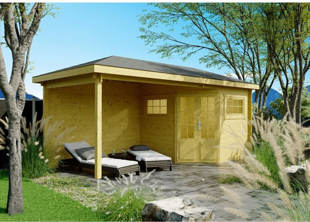 Fjordholz Gartenhaus Modell Evelyn 2C 5-Eck aus imprägnierter Kiefer in Braun und Gelb mit Fenster und Tür - Bild 1