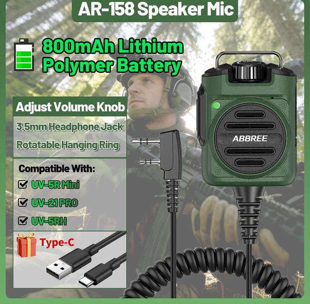 ABBREE AR-158 Lautsprechermikrofon mit drehbarem Aufhängering und einstellbarer Lautstärke für Baofeng UV-5R UV-5RH UV-21 Pro Radios in Schwarz und Grün - Bild 1