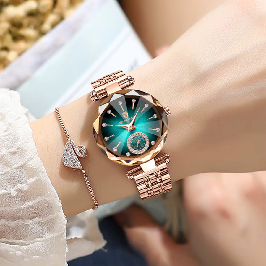 POEDAGAR Armbanduhr, Quarz, Edelstahl, Diamantbesetzt, Grün, Damen - Bild 6