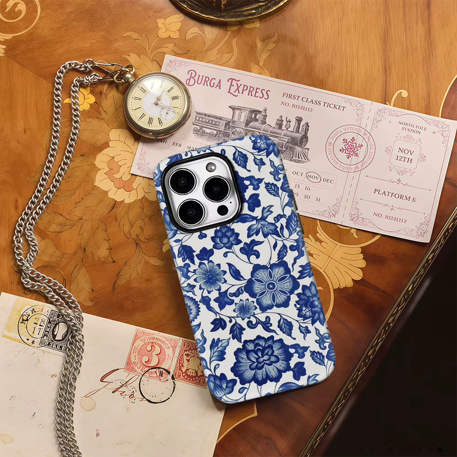 Magnetische Handyhülle von Potdemiel mit blau-weißem Blumenmuster für iPhone 17 16 15 14 13 Pro Max Plus, robuste Einzel- und Doppelschicht-Schutzhülle - Bild 3