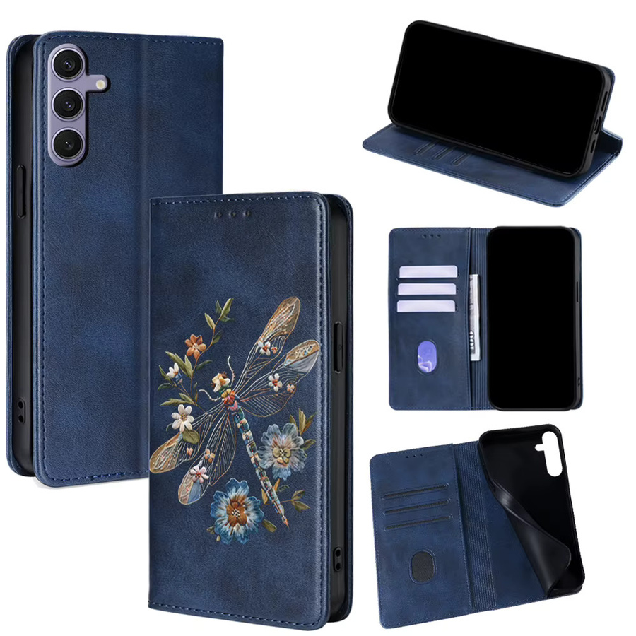 Samsung Handyhülle aus Leder mit Libellen-Blumenmuster in Grau für Galaxy S25 Ultra, S25 FE, S24, S23, S22 Plus, Flip und Galaxy A-Serie - Bild 6