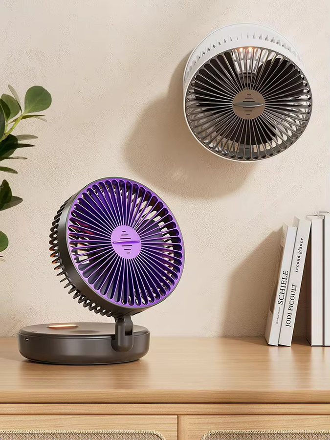 HAOYUNMA 2-in-1 Tisch- und Wandventilator mit 4 Geschwindigkeitsstufen, faltbar, wiederaufladbar mit warmem Licht, leise, Grau oder Lila - Bild 7