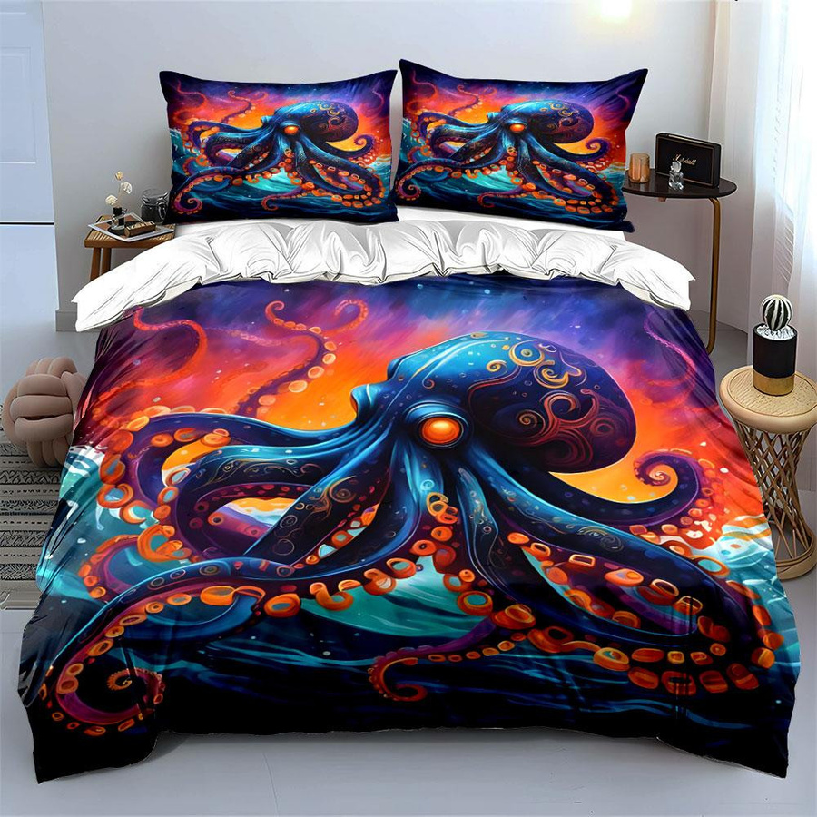 Flylo Bettwäsche-Set mit Tintenfisch-Gemälde, 3-teilig, Mehrfarbig, B/H: 135 x 200 cm - Bild 6