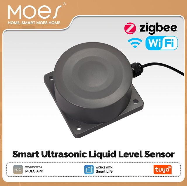 MOES Tuya WiFi oder ZigBee Wasserstandsmelder, Ultraschall-Smart-Tankmonitor mit Echtzeit-Alarmen und App-Fernsteuerung, Grau - Bild 1