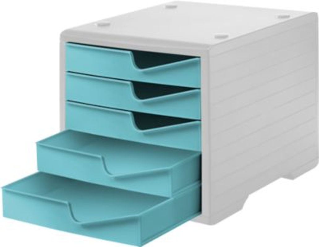 Stapelbare Schubladenbox styro swing mit 5 Schüben, Auszugsperre und Griffmulde, grau-aqua, B: 27,0 cm, T: 34,0 cm, H: 25,5 cm - Bild 2