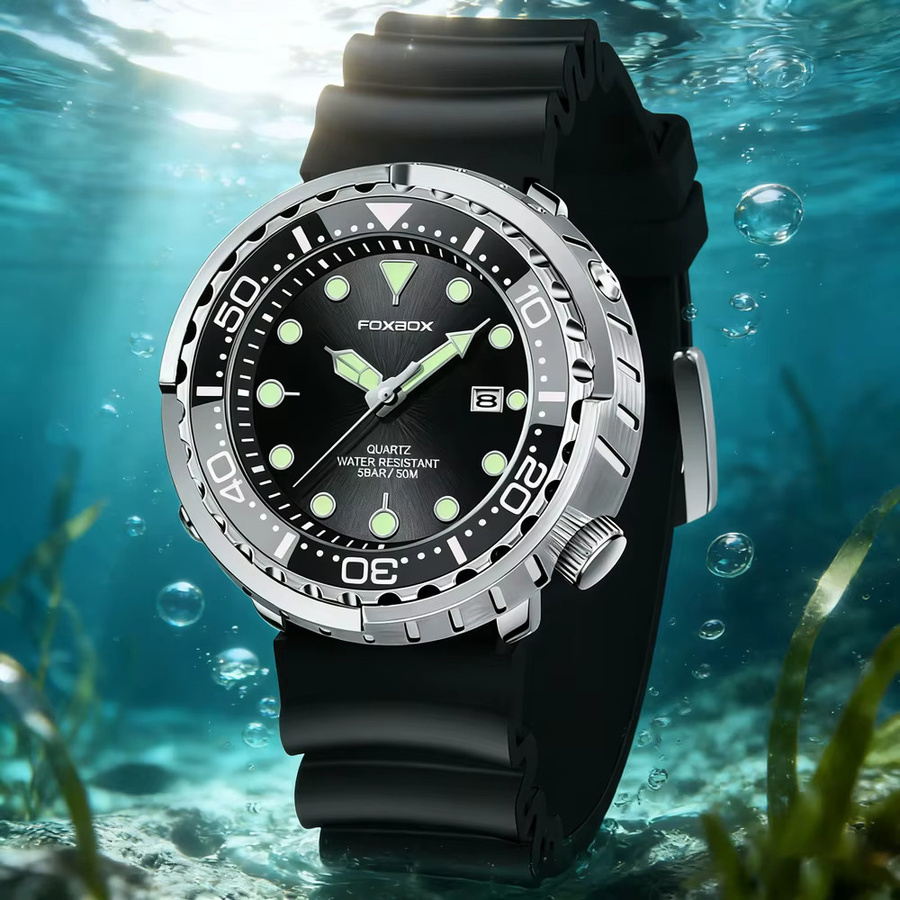 FOXBOX Armbanduhr, Quarz, Edelstahl, Kautschuk, Schwarz, Herren - Bild 4