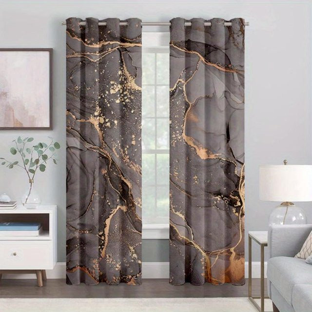 Yiran Furniture Vorhang Set mit Marmor-Print in Schwarz und Gold, 2 Stück aus Polyester, halbtransparent mit Ösen, B/H: 50 x 100 cm - Bild 1