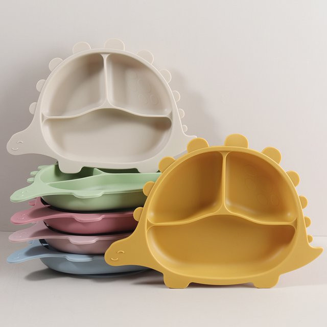 MIGITOS Silikon-Saugnapfteller für Babys mit Unterteilungen in Grün, Dinosaurier-Design für Kleinkinder und Baby-Led-Weaning - Bild 1