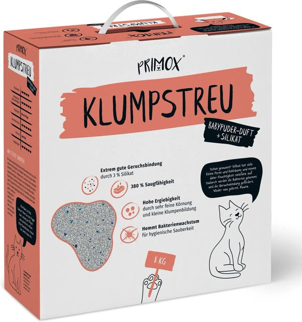 Primox Katzenstreu klumpend mit Babypuderduft und 3 % Silikat, Grau, 8 kg - Bild 1