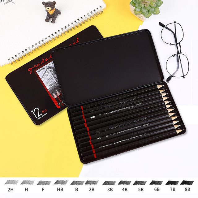 Zeichenstift Set mit 12 Stück Bleistiften in Schwarz für Schule und Kunst, inklusive Metallbox, Graphit-Bleistifte HB 2H 2B - Bild 1