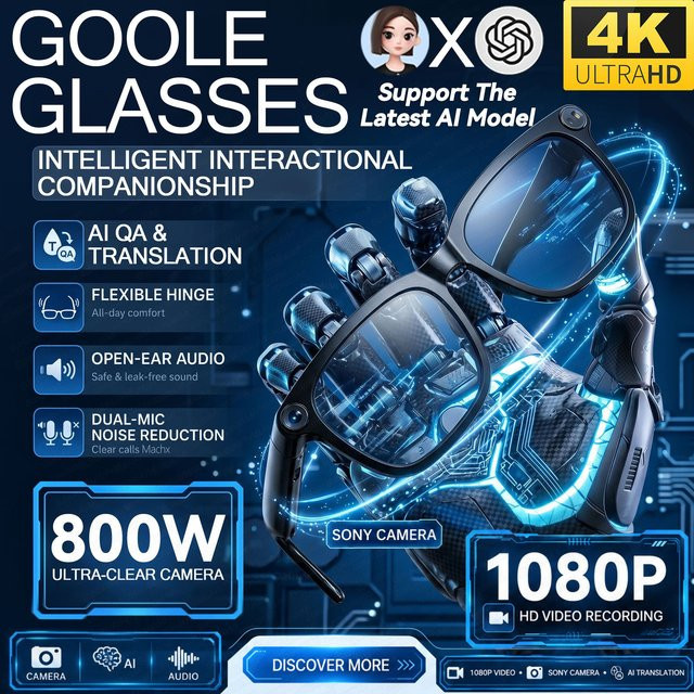 GUHUAVMI Smarte KI-Brille mit 1080P Kamera, Bluetooth Anruffunktion und WLAN-Übertragung in Schwarz - Bild 1