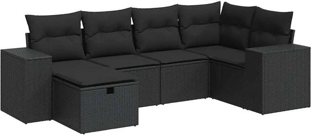 vidaXL 6-tlg Garten-Sofagarnitur in L-Form aus schwarzem Poly-Rattan mit Kissen und pulverbeschichtetem Stahlgestell - Bild 1