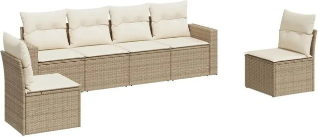 vidaXL 6-tlg Garten-Sofagarnitur in L-Form aus Poly-Rattan in Beige mit Kissen und Armlehnen - Bild 1