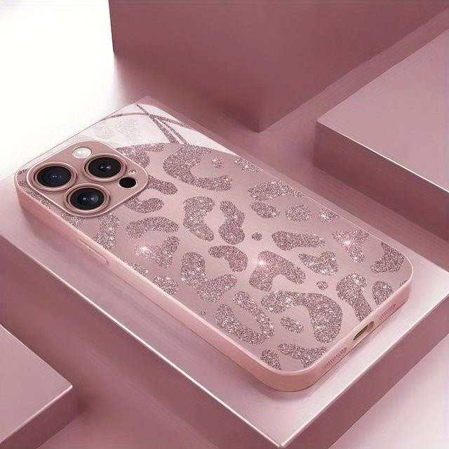 Apple iPhone Handyhülle aus Glas mit Pink Leopard Print und metallischem Design für iPhone 17 16 15 14 13 12 11 Pro Max Plus in Grau und Pink - Bild 1