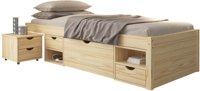 INTER LINK Funktionsbett Claas aus Massivholz Kiefer in Braun mit 4 Schubladen und 8 Regalfächern, B/T/H: 90 x 200 cm - Bild 1