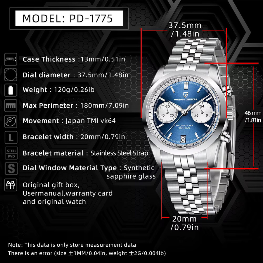 PAGANI DESIGN Armbanduhr, Quarz, Edelstahl, Blau, Herren - Bild 5