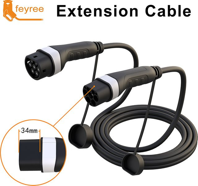 Feyree EV-Ladekabel Verlängerungskabel Typ2 Buchse auf Stecker in Schwarz, Länge: 5 m, für Elektrofahrzeuge bis 22 kW - Bild 1