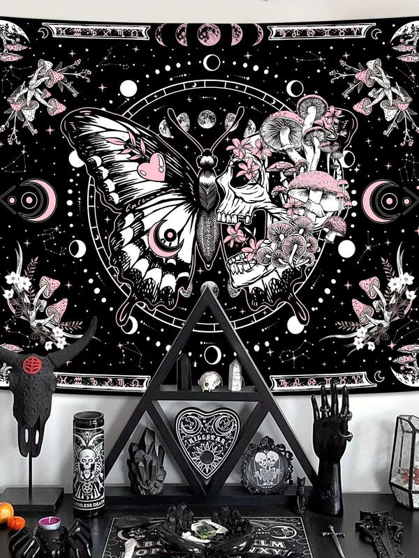 VIKAMA Gothic Bohemian Wandteppich mit rosa Totenköpfen, schwarzen Schmetterlingen und floralen Pilzmotiven in Textil, B/H: 160 x 140 cm - Bild 6
