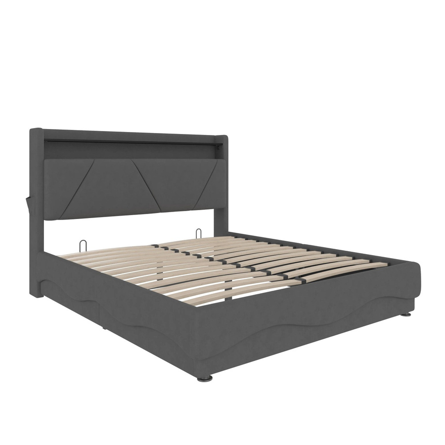 okwish Polsterbett Grau mit LED-Unterbettbeleuchtung, USB-Ladeanschluss und Seitentaschen, B/T/H: 160 x 200 x 116,5 cm - Bild 2