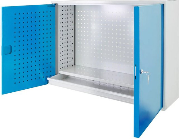 PROREGAL Werkzeugwandschrank aus Stahlblech mit 2 Türen, 1 Fachboden und 1 Schublade, Lichtgrau und Lichtblau, H x B x T: 75,5 x 105 x 31 cm