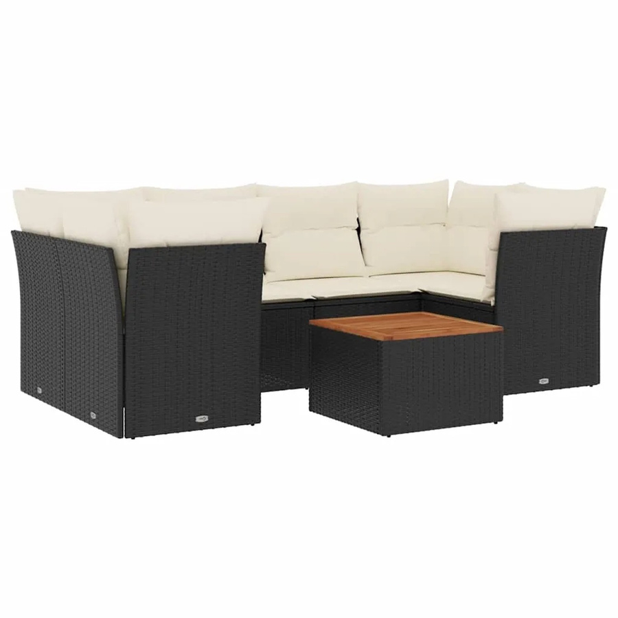 vidaXL 7-teilige Garten-Sofagarnitur in L-Form aus Poly-Rattan und Akazienholz mit Kissen in Schwarz - Bild 2