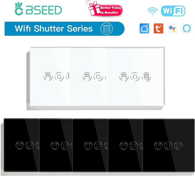 BSEED WLAN Smart Shutter-Schalter mit Tuya und Alexa Unterstützung, Glas-Wandschalter in Schwarz oder Blau mit blauer Hintergrundbeleuchtung - Bild 1