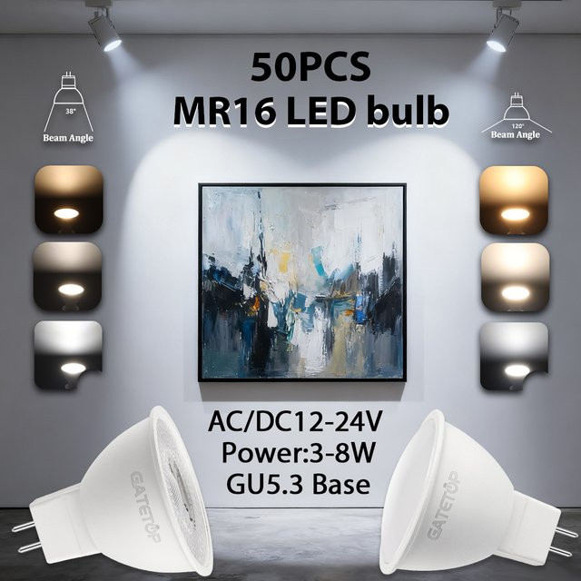 50 Stück LED-Spotlights MR16 GU5.3 Niedervolt 12V 24V AC DC, Weiß, Ersatz für 50W Halogenlampen - Bild 1