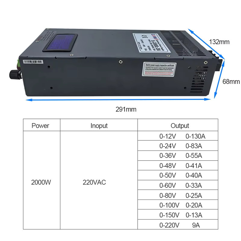 Schaltnetzteil SMPS AC-DC S-2000 mit 2000W, einstellbar von 0-12V bis 350V - Bild 2