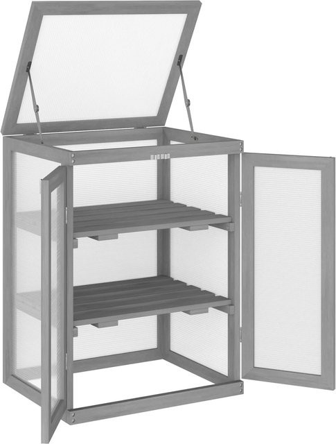 Outsunny Gewächshaus aus Tannenholz mit Polycarbonat in Dunkelgrau inklusive klappbarem Dach, Doppeltür und zwei Einlegeböden - Bild 1