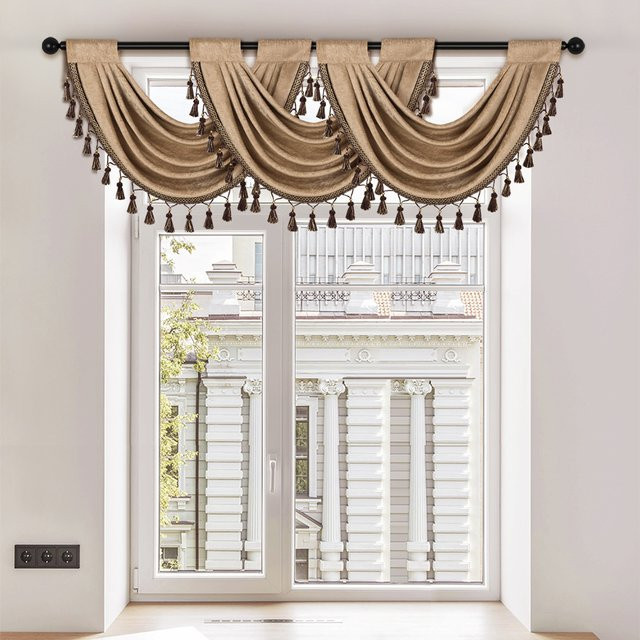 Moderner Fenstervorhang im europäischen Stil mit Quasten aus Samt, Stangentasche, Farbe: Blau oder Beige, Breite: 90 cm, Höhe: 76 cm - Bild 1