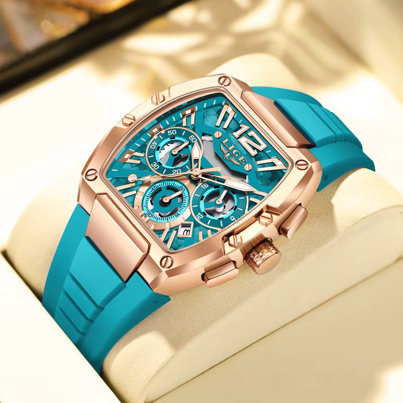 LIGE Chronograph Armbanduhr, Quarz, Tonneau, Blau, Silikonarmband, Herren - Bild 2