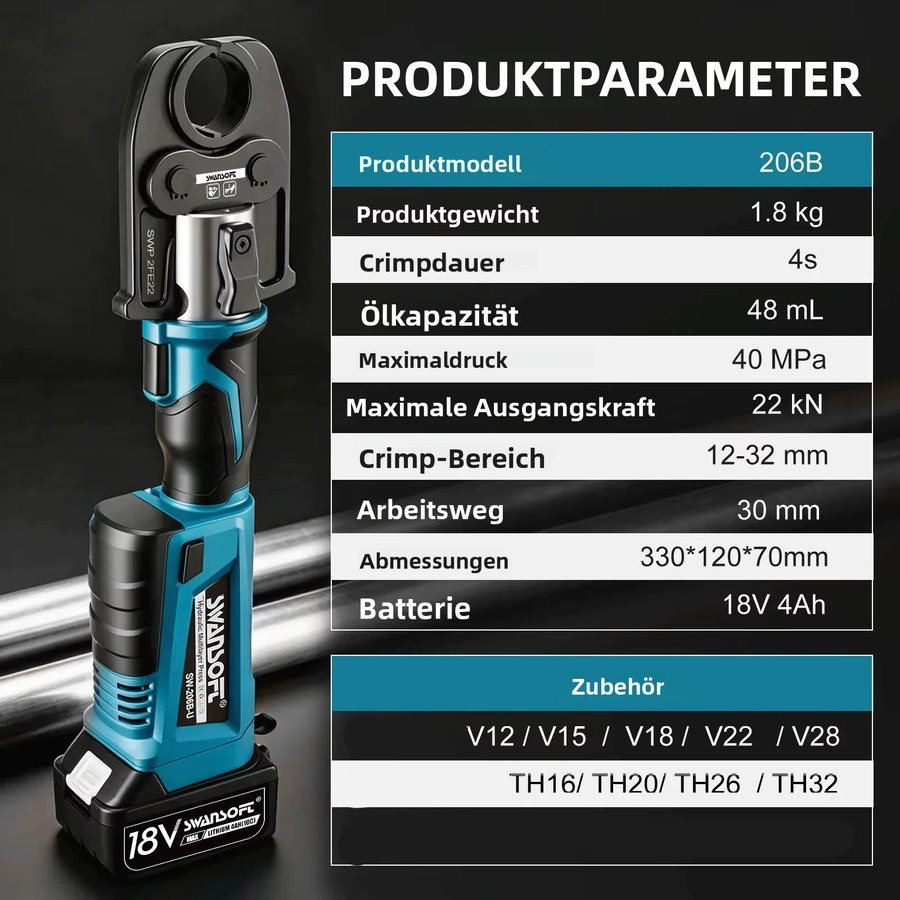 SWANSOFT 22KN Crimpwerkzeug Ersatzset in Schwarz für elektrische Rohrcrimpzangen TH16 TH20 TH26 TH32 sowie V12 V15 V18 V22 V28 zur Bearbeitung von Kupferrohren, Aluminiumrohren, Edelstahl und PVC-Schläuchen - Bild 3
