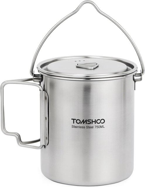 TOMSHOO Edelstahl-Topf mit Deckel und faltbarem Griff, tragbarer Wasserbecher für Outdoor und Camping, Weiß, 750 ml - Bild 1
