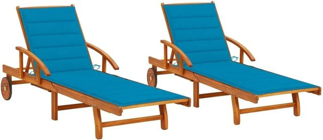 vidaXL Sonnenliegen Set aus 2 Stück aus Akazien-Massivholz mit blauen Auflagen und verstellbarer Rückenlehne - Bild 1