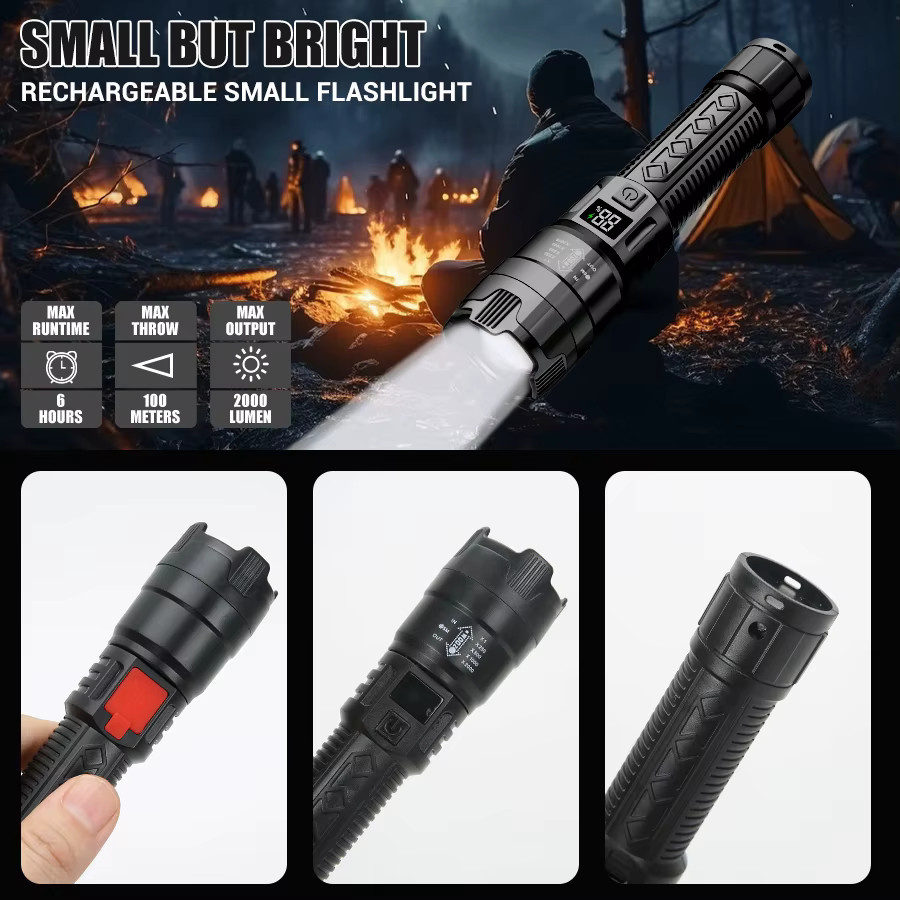 KDULIT USB aufladbare LED Taschenlampe mit Display in Schwarz für Camping, Angeln und Notfälle - Bild 3