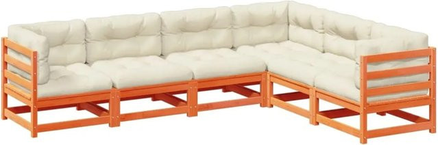 vidaXL 6-teilige Garten-Sofagarnitur aus Kiefernholz in Wachsbraun mit beigen Polstern und Kissen in L-Form - Bild 1
