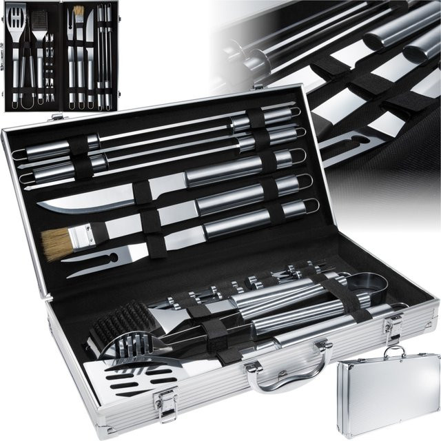 TECTAKE Grillbesteck aus Edelstahl mit Aluminiumkoffer, 18-teilig, Grau - Bild 1