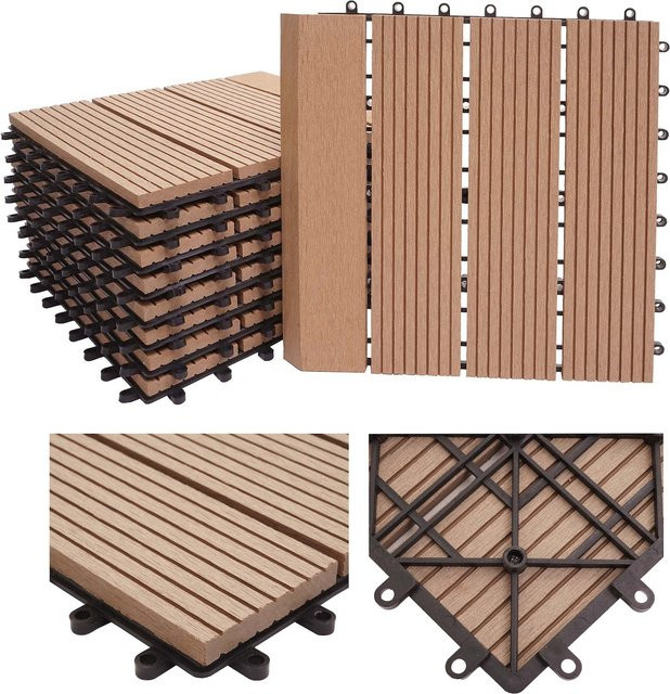 MCW WPC Bodenfliese Sarthe mit Abschluss in Holzoptik Teak Linear Senkrecht, Farbe Braun, 11 Stück à 30 x 30 cm (Gesamtfläche 1 m²) - Bild 1