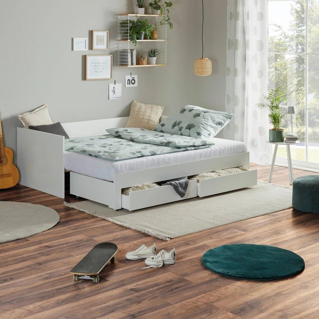 Mömax Ausziehbett Jan Weiss in Weiß mit Schubladen und Kieferndesign - Bild 1