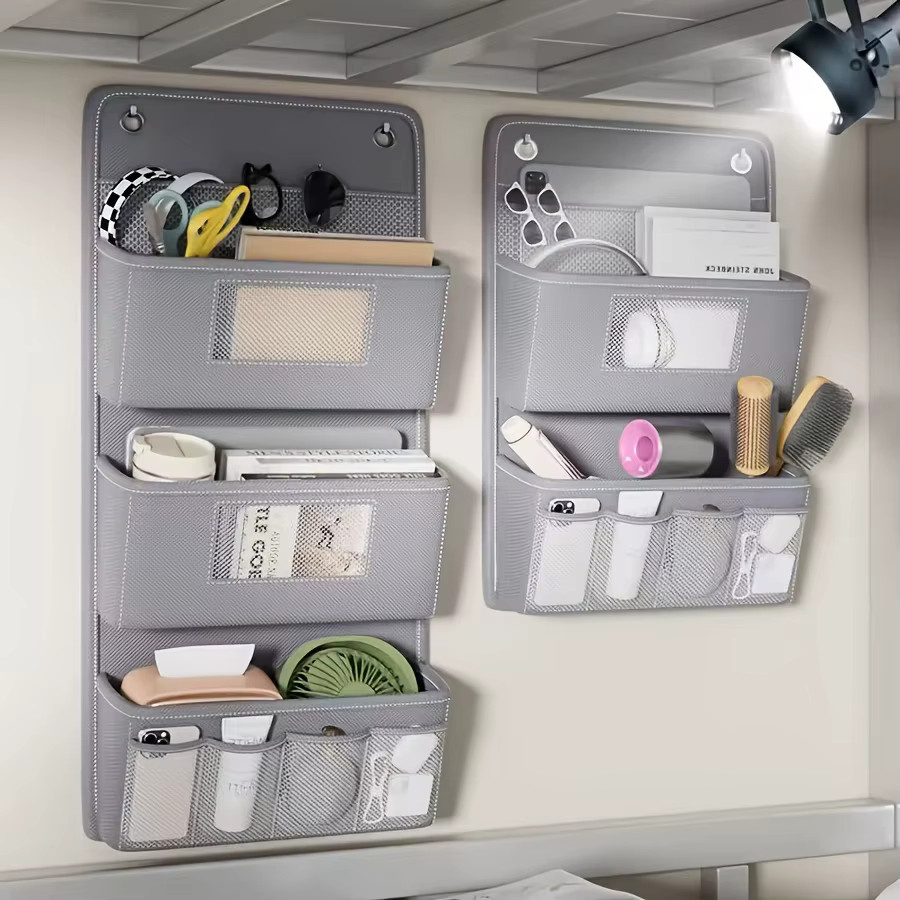 Multifunktionaler grauer wandmontierter Aufbewahrungsorganisator aus Kunststoff mit Taschen, Sichtfenstern und Haken für Büro und Schrank - Bild 2