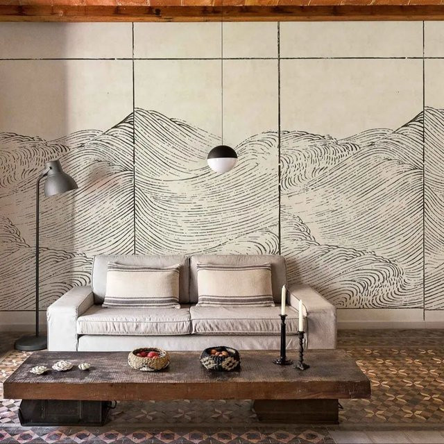 Pixel&Wall Berg Wellen Tapete mit handgezeichneter Berg Skizze in Beige, Gelb und Grau - Bild 1