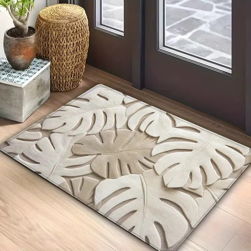 VIKAMA Geprägte Pflanzenblatt-Fußmatte in Grau und Beige, rutschfester und saugfähiger Badezimmerteppich im minimalistischen Design - Bild 3