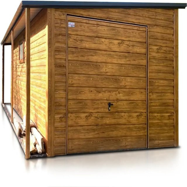 Liderstal Einzelgarage Basic aus Trapezprofilblech mit Pultdach und Schwingtor in Eiche Holznachbildung, B: 500 cm, H: 250 cm - Bild 1