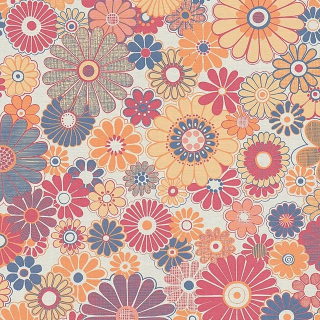 PROFHOME Retro Tapete Blumen Matt in Rot, Ocker-Gelb, Orange und Blau, Vlies-Tapete mit botanischem Floral-Muster, Breite: 0,53 m, Länge: 8,50 m - Bild 1