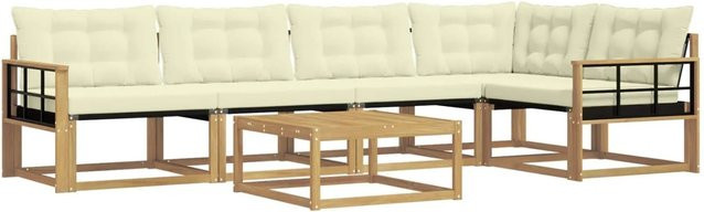 vidaXL Outdoor-Sofagarnitur L-Form aus Akazienholz mit Textilene-Bezug und Kissen, 6-teilig, Weiß und Beige, B/T/H: 79 x 79 x 37 cm - Bild 1