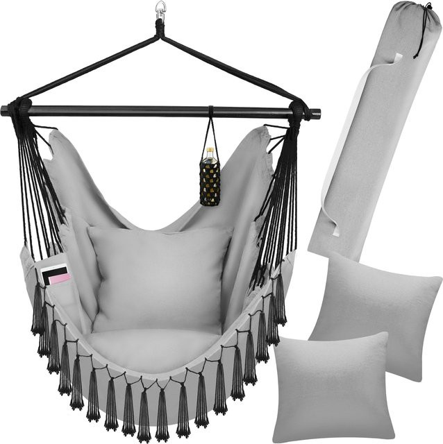 tectake Hängesessel Malika in Grau mit extra dicken Sitz- und Rückenkissen, Bücherfach und Flaschenhalterung, B/T/H: 100 x 150 x 150 cm - Bild 1