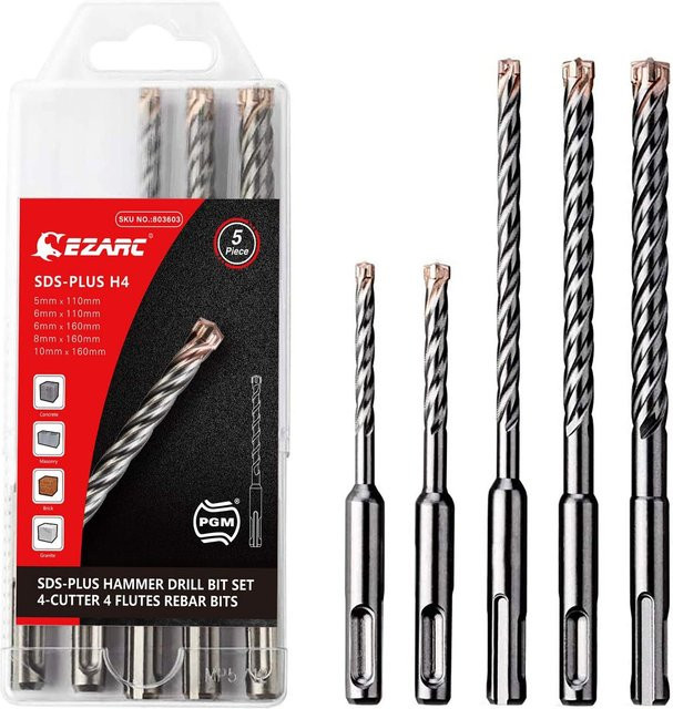 EZARC 5-teiliges SDS-Plus Bohrhammer-Bohrer-Set mit Hartmetallspitzen für Beton, Mauerwerk, Marmor, Ziegel und Fliesen in Silber - Bild 1