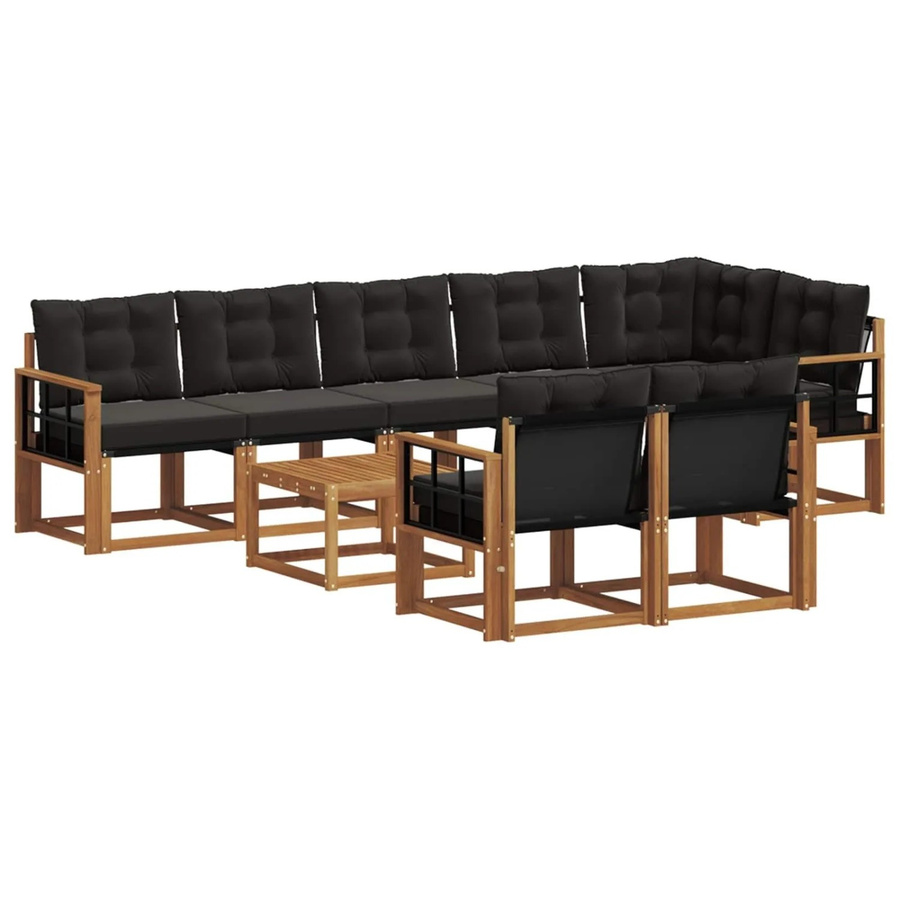 vidaXL Outdoor-Sofagarnitur 9-tlg. aus Akazienholz und Textilene in Schwarz und Natur mit Kissen und L-Form - Bild 2