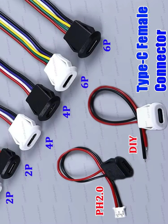 Wasserdichter USB-C Steckverbinder Typ-C Buchse mit Kartenschnalle und PH2.0 Anschluss, Schwarz - Bild 2