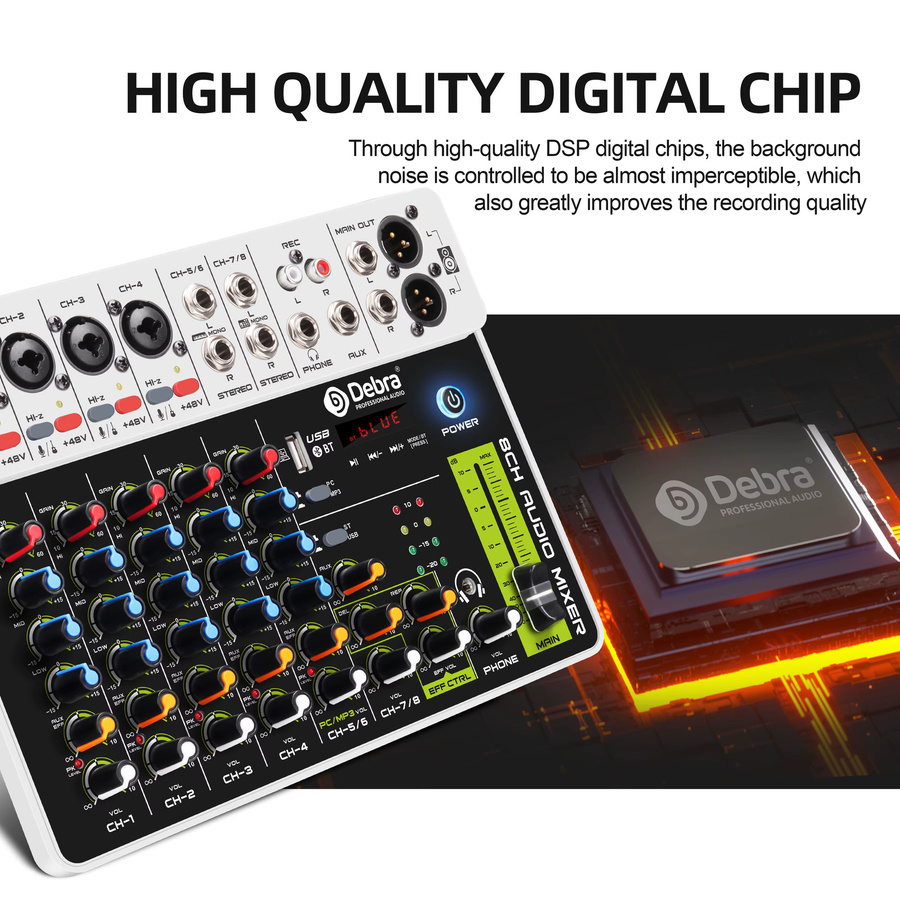Debra V8 Audio-Mischpult in Weiß mit Bluetooth 5.0 und Phantomspeisung für PC-Aufnahmen und Bühneneinsatz - Bild 2